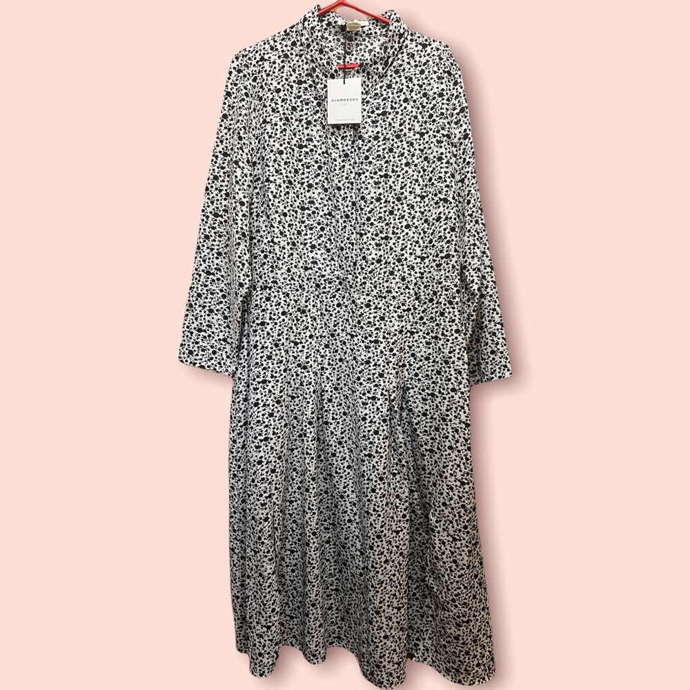 Floral Print Long Sleeve Black and White Maxi Dress